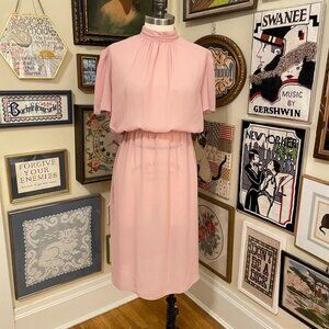 80s Vintage Monica Richards Pink High Neck Flutter Sleeve Midi Dress Size 14